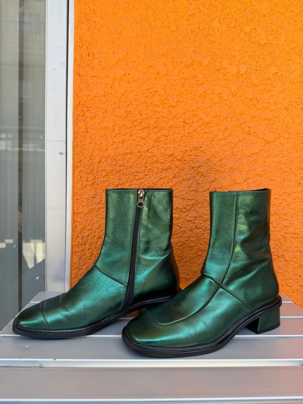 L-Intervalle Metallic Emerald‎ Green Stitched Ankle Boots Low Block Heel Zipper